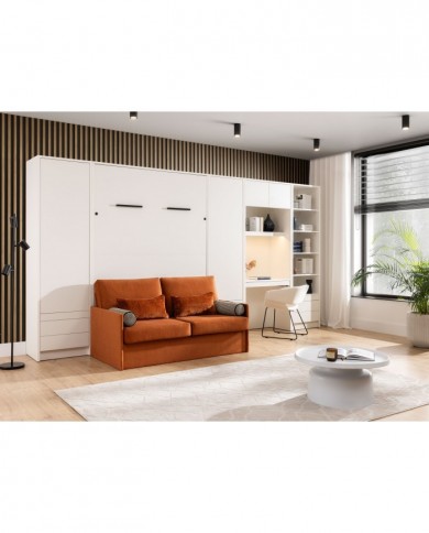 Pack : Armoire lit escamotable avec canapé intégré 140x200 cm blanc mat + 2 armoires blanc mat + Matelas 140x200 cm