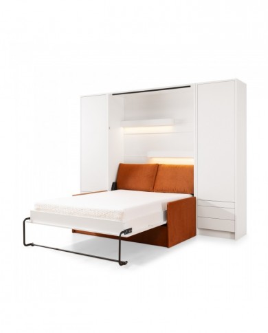 Pack : Armoire lit escamotable avec canapé 140x200 cm blanc mat  + 3 armoires + armoire bureau avec LEDs intégrés Deluxe