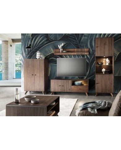 Table basse hêtre massif huilé niche ouverte et porte 118 cm Tabac