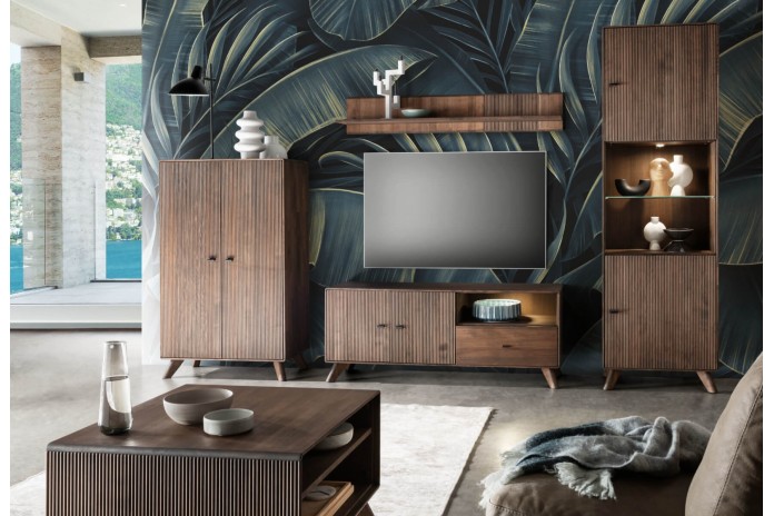 Buffet 180 cm 2 portes 4 tiroirs niches ouvertes hêtre huilé Tabac