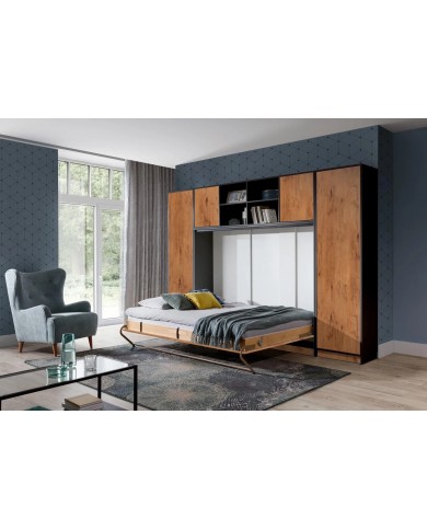 Armoire lit escamotable relevable horizontal 140x200 cm chêne lancelot et noir