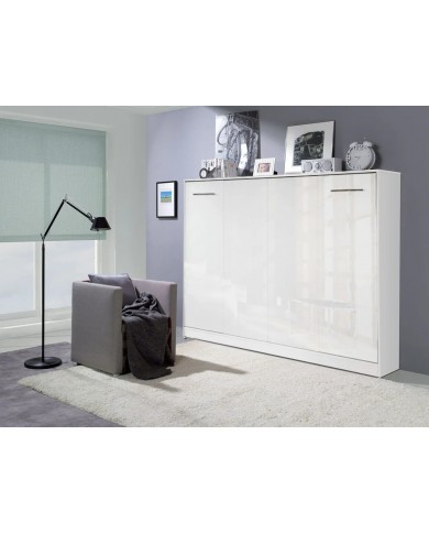 Armoire lit escamotable relevable horizontal 140x200 cm blanc brillant Premium