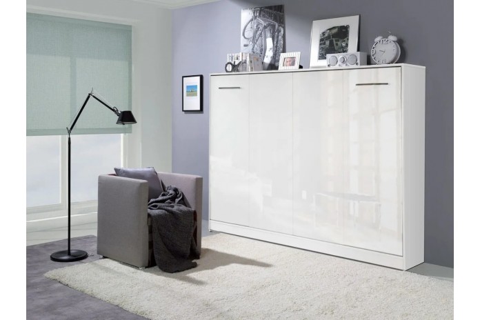 Armoire lit escamotable relevable vertical 90x200 cm blanc brillant Premium