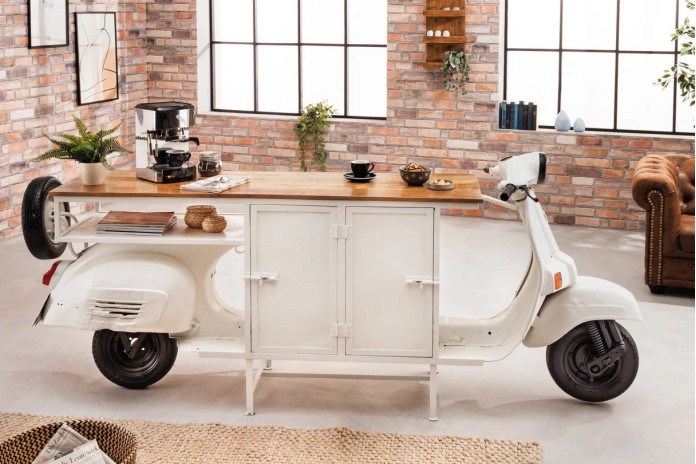 Meuble Bar Scooter Vintage Blanc 250 cm en Manguier Massif STRADA 60