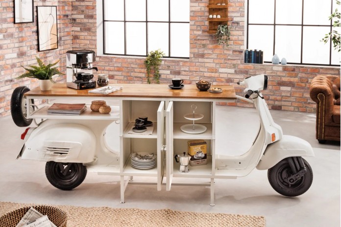 Meuble Bar Scooter Vintage Blanc 250 cm en Manguier Massif STRADA 60