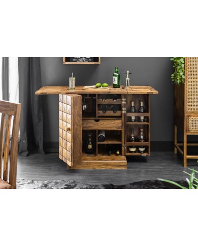 Meuble bar pliant bois massif de sheesham naturel 130 cm Tessela