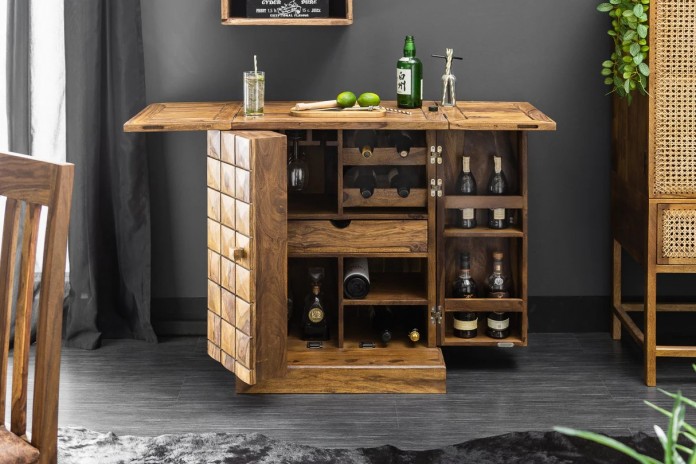 Meuble bar pliant bois massif de sheesham naturel 130 cm Tessela