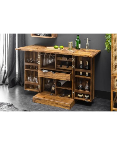 Meuble bar pliant bois massif de sheesham naturel 130 cm Tessela