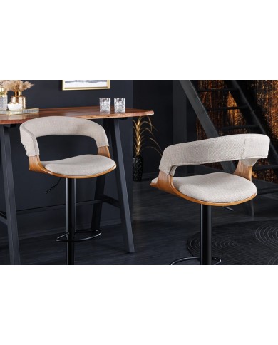 Chaise de bar réglable en tissu beige et bois naturel de frêne avec pieds en métal design Athan