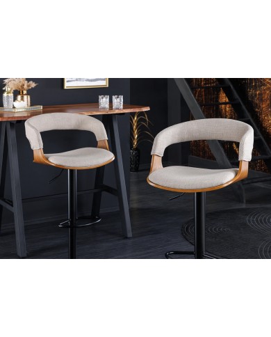 Chaise de bar réglable en tissu beige et bois naturel de frêne avec pieds en métal design Athan