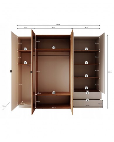 Armoire penderie étagères 4 portes 2 tiroirs miroir intérieur 230 cm DETROIT