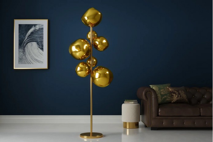 Lampadaire Design 7 Globes SOLENA Acier Doré & Verre 170cm