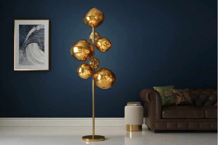 Lampadaire Design 7 Globes SOLENA Acier Doré & Verre 170cm