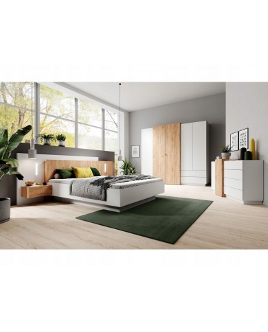 CHAMBRE COMPLÈTE Lit à coffre relevable + sommier + 2 tables de nuit intégrées + grande armoire + COMMODE OFFERTE ! DETROIT