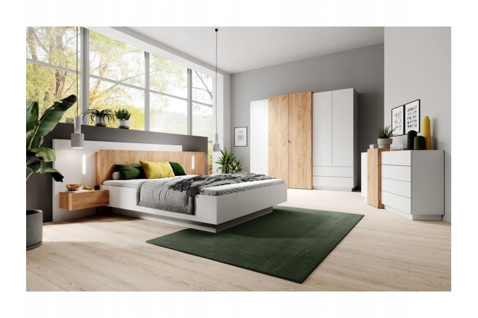 CHAMBRE COMPLÈTE Lit à coffre relevable + sommier + 2 tables de nuit intégrées + grande armoire + COMMODE OFFERTE ! DETROIT