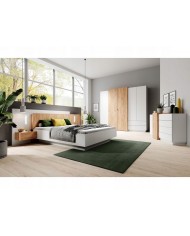 Chambre Scandi Zen  Lit à coffre relevable + sommier + 2 tables de nuit intégrées + commode 4T