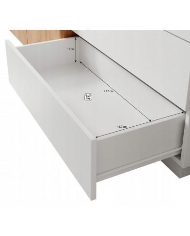 Chambre Scandi Zen  Lit à coffre relevable + sommier + 2 tables de nuit intégrées + commode 4T