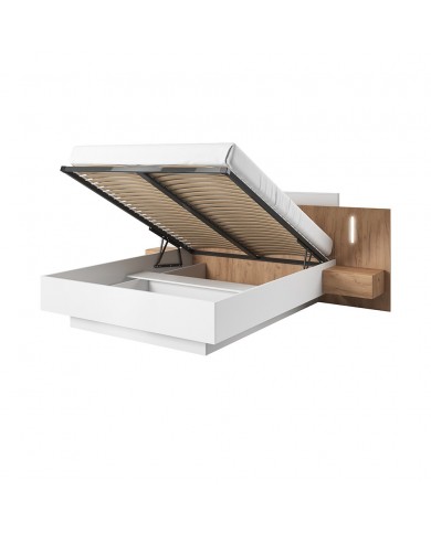 Chambre Scandi Zen  Lit à coffre relevable + sommier + 2 tables de nuit intégrées + commode 4T