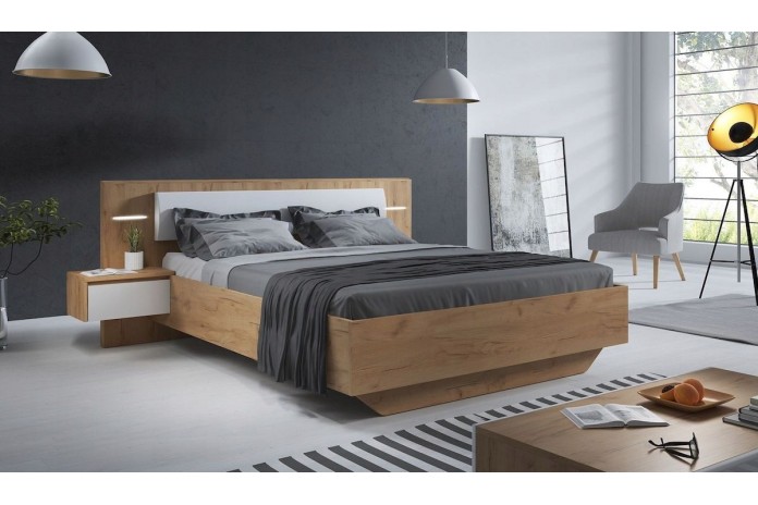 Lit avec tête de lit capitonnée et table de chevets avec LEDs intégrées 160x200 cm  Lexo