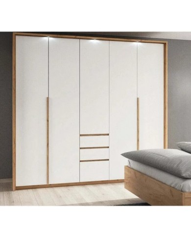 Armoire Design 3 Portes Pliantes et 3 Tiroirs LEXO en Chêne et Blanc