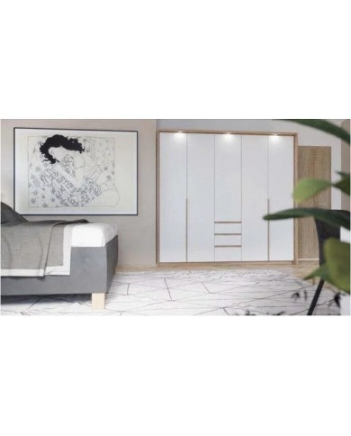 Armoire Design 3 Portes Pliantes et 3 Tiroirs LEXO en Chêne et Blanc