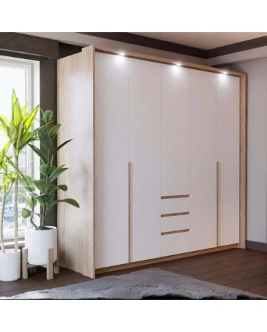 Armoire Design 3 Portes Pliantes et 3 Tiroirs LEXO en Chêne et Blanc