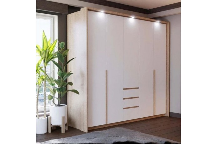 Armoire Design 3 Portes Pliantes et 3 Tiroirs LEXO en Chêne et Blanc