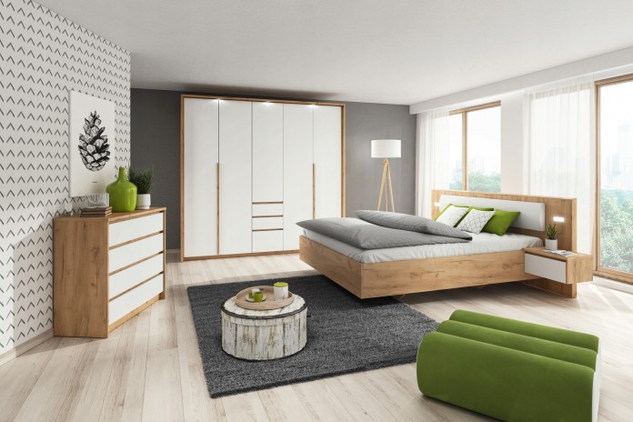 CHAMBRE COMPLÈTE LEXO Lit 160 + sommier + 2 tables de nuit intégrées + Armoire xxl+ Commode