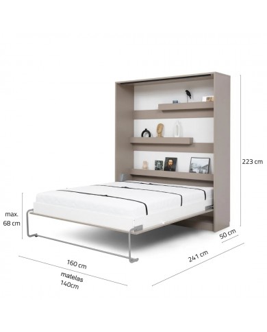Armoire lit escamotable relevable vertical avec bureau intégré 140x200 cm chêne lancelot et noir DELUXE
