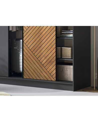 Armoire trois portes coulissantes avec miroir chêne caramel et noir 180 cm NOCERA MIROR