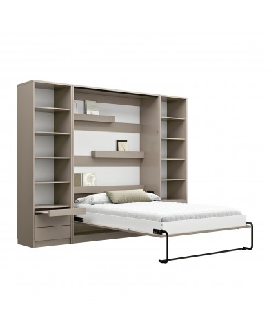 Lit escamotable 140×200 avec bureau intégré taupe DELUXE
