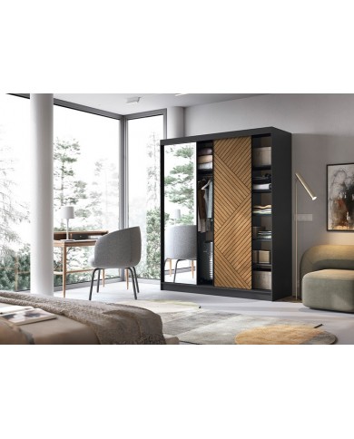 Armoire trois portes coulissantes avec miroir chêne caramel et noir 180 cm NOCERA MIROR