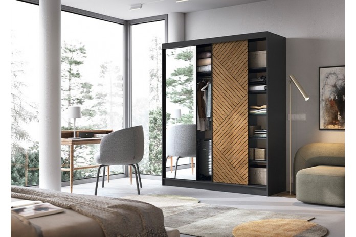 Armoire trois portes coulissantes avec miroir chêne caramel et noir 180 cm NOCERA MIROR