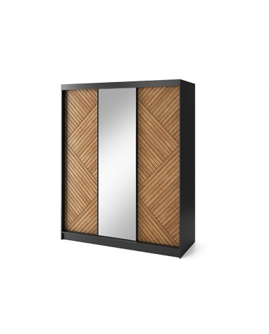 Armoire trois portes coulissantes avec miroir chêne caramel et noir 180 cm NOCERA MIROR