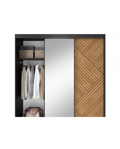 Armoire trois portes coulissantes avec miroir chêne caramel et noir 180 cm NOCERA MIROR