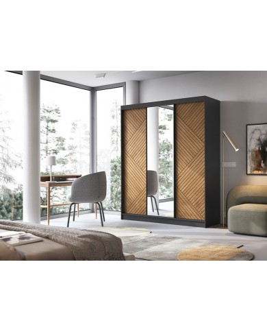 Armoire trois portes coulissantes avec miroir chêne caramel et noir 180 cm NOCERA MIROR
