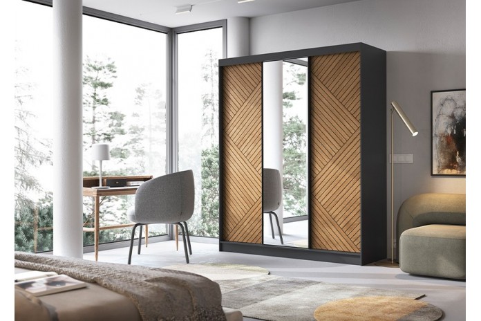 Armoire trois portes coulissantes avec miroir chêne caramel et noir 180 cm NOCERA MIROR