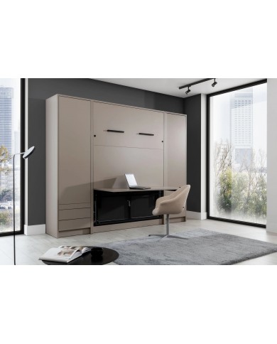 Lit escamotable 140×200 avec bureau intégré taupe DELUXE