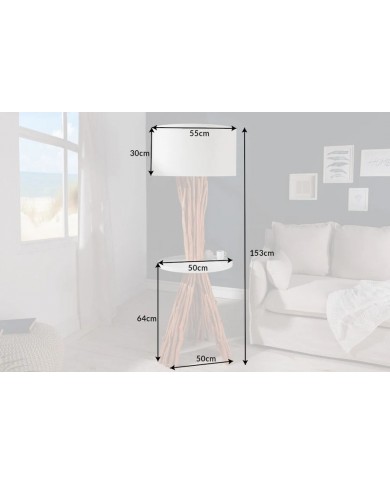 Lampadaire bois flotté de longane & lin blanc 155 cm Linea