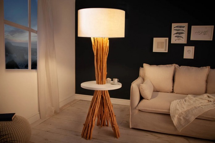 Lampadaire bois flotté de longane & lin blanc 155 cm Linea