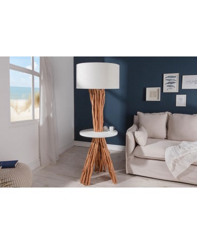Lampadaire bois flotté de longane & lin blanc 155 cm Linea