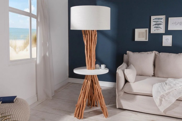 Lampadaire bois flotté de longane & lin blanc 155 cm Linea