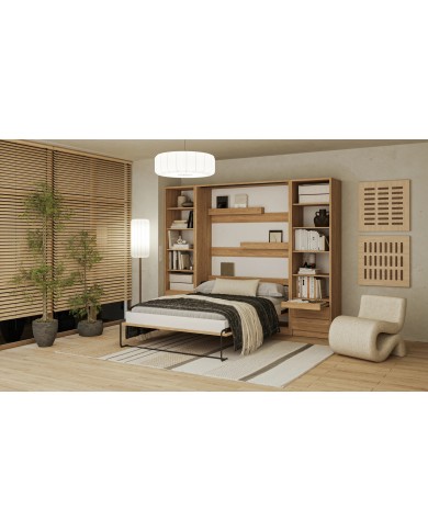 Armoire lit escamotable relevable vertical avec bureau intégré 120x200 cm chêne huilé DELUXE