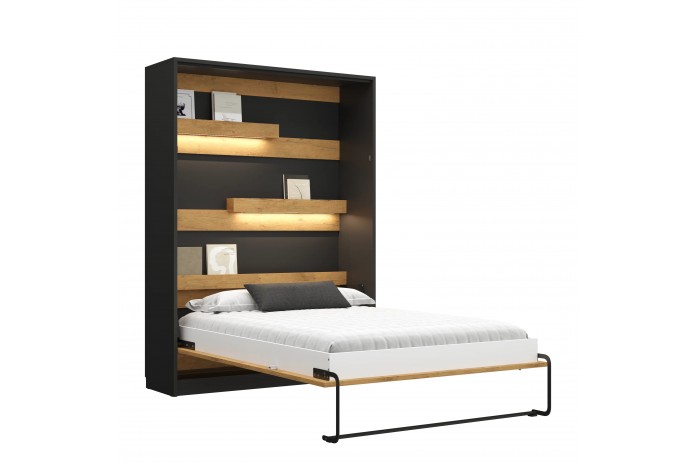 Armoire lit escamotable relevable vertical avec bureau intégré 120x200 cm chêne lancelot  noir DELUXE