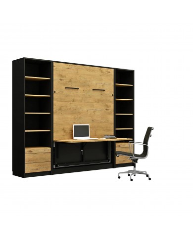 Armoire lit escamotable relevable vertical avec bureau intégré 120x200 cm chêne lancelot  noir DELUXE