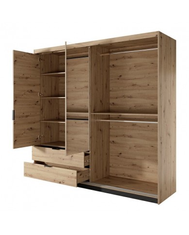 Armoire AURA 220 – Chêne artisanal & Anthracite avec miroirs  contemporaine, rangements malins & finitions haut de gamme
