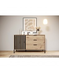 Commode AURA – Chêne artisanal & Anthracite  3 grands tiroirs – Design nervuré élégant – 100 % fonctionnalité