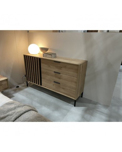 Commode AURA – Chêne artisanal & Anthracite  3 grands tiroirs – Design nervuré élégant – 100 % fonctionnalité
