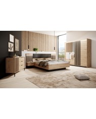 Lit AURA 160x200 chevets intégrés – Chêne Artisanal & Anthracite  Design nervuré + LED + rangements intégrés