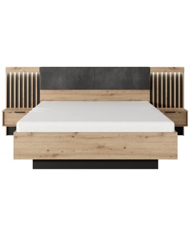 Lit AURA 160x200 chevets intégrés – Chêne Artisanal & Anthracite  Design nervuré + LED + rangements intégrés